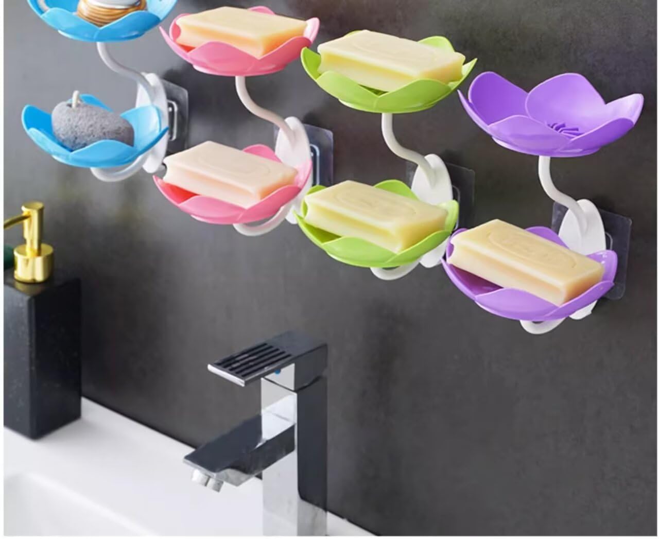 4 Pack Soap Dish Holder for Shower Bar Double Layer Cute Lotus Shape Adhesive Tray Sink Wall Mounted Shampoo NO-Drilling Self Draining Hanging Saver Rack Plastic Bathroom Bathtub Kitchen