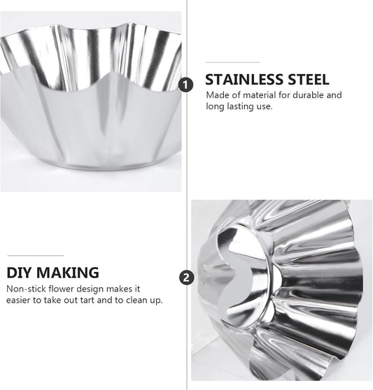 Mikinona 6pcs Egg Tart Tins Reusable Baking Cups Stainless Steel Mini Tart Puto Molder Filipino Mini Mold Pans for Baking Non Stick Pans Egg Cups Cheese Muffin Pan