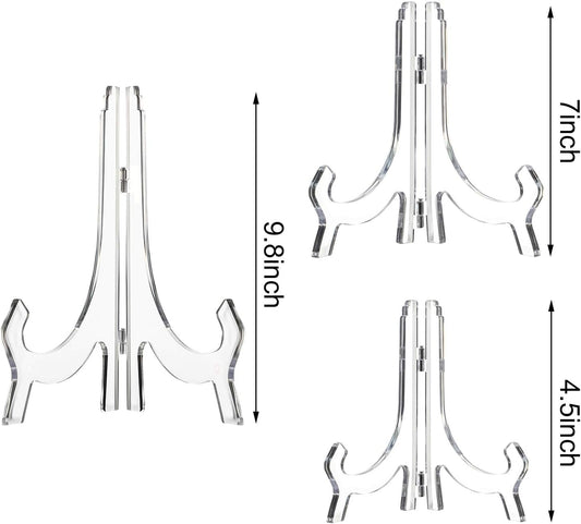 HESTYA 3 Pieces 4.5/7/9.8 Inch Clear Acrylic Easels Display Stands Plate Stands Holders to Display Pictures or Other Items for Weddings, Birthdays, Home Decoration, Tables