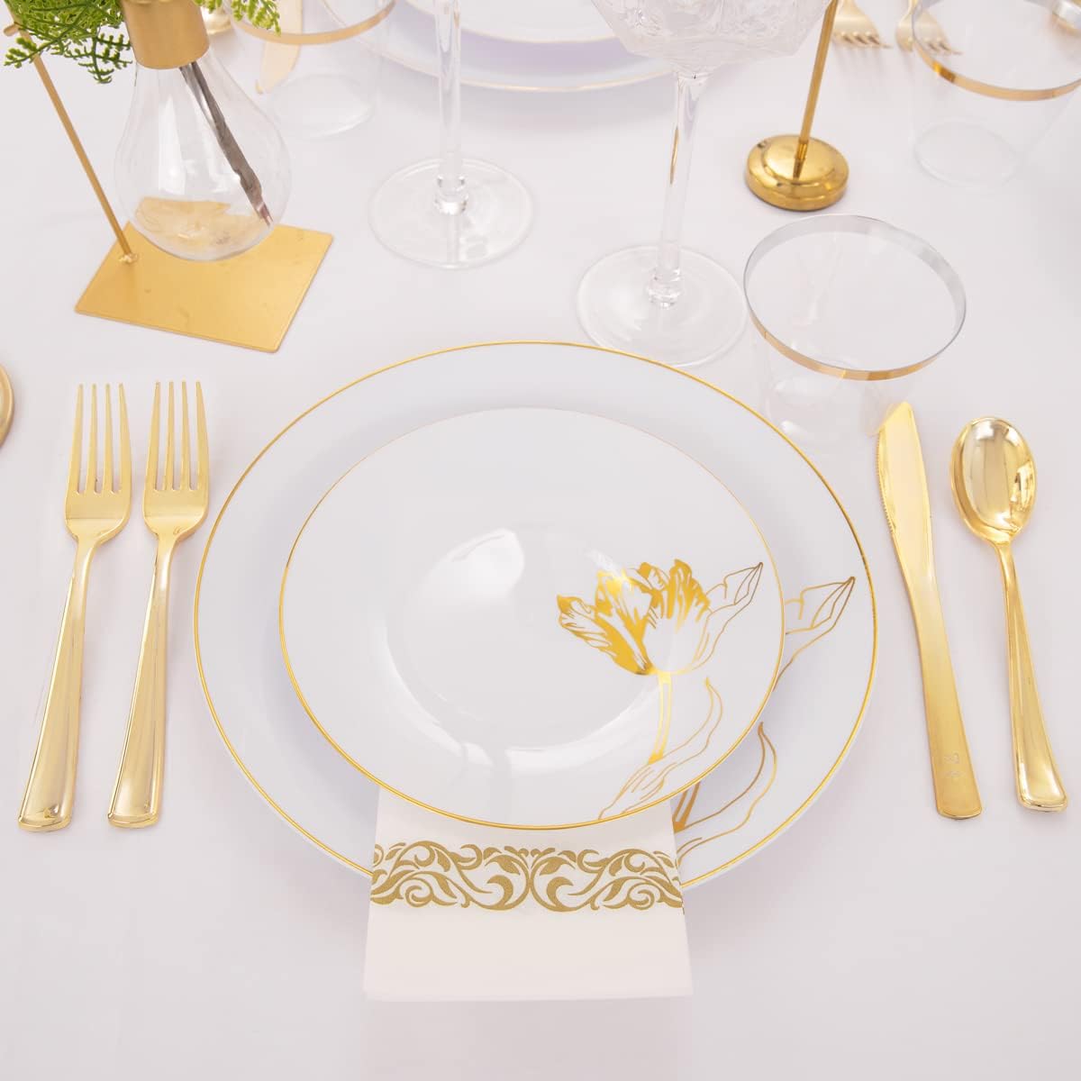 Nervure 175PCS White Plastic Plates - Floral White Gold Disposable Plates Include 50Plates, 25Forks, 25Knives, 25Spoons, 25Cups, 25Napkins Perfect for Wedding & Party