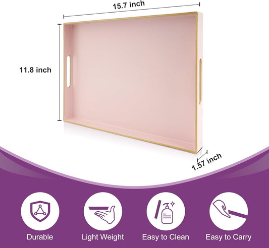 Gifturbo Pink Large Serving Tray with Handles,Rectangular Plastic Elegant Decorative Coffee Table Tray for Ottoman, Living Room, Bathroom, Home Decor, Vanity Trays with Gold Trimming, 15.7” x 11.8”