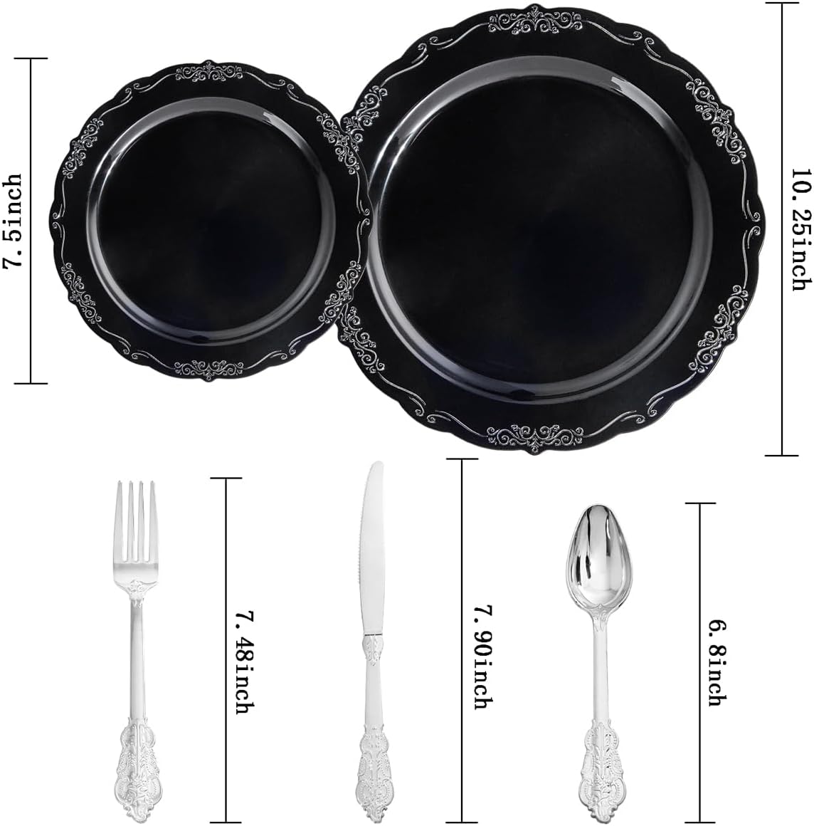 DaYammi 150 Pcs Black Silver Plastic Plates & Silver Plastic Silverware,Black silver Disposable plates for Include 30 Dinner Plate,30 Dessert Plate,30 Knives,30 Forks,30 Spoons for Halloween Party