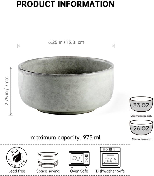 Henten Home Ceramic Otmeal Bowl Set of 4, 26 OZ Porcelain Bowls for Cereal, Salad, Soup, Noodle, Serving Stoneware Set, Reactive Glaze, Microwave & Dishwasher Safe (Grey)