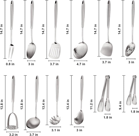 304 Stainless Steel Cooking Utensils Set, Stainless Steel Kitchen Utensils, 12 PCS Long Large Metal Cooking Utensil Tools Set, Potato Masher, Fork, Tongs, Pasta, etc (Dishwasher Safe)