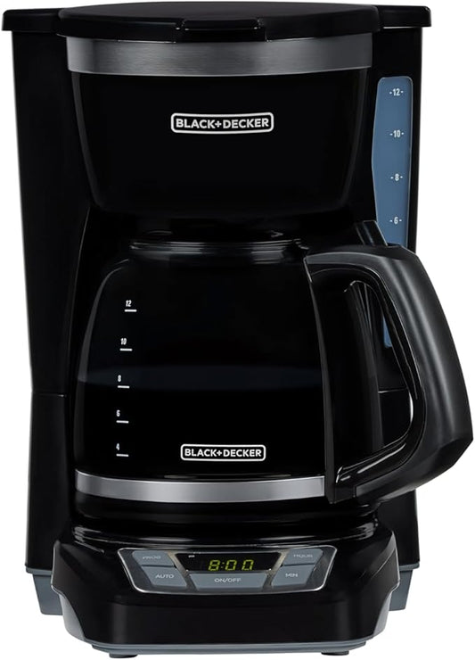 BLACK+DECKER 12-Cup Digital Coffee Maker, Programmable, Washable Basket Filter, Sneak-A-Cup, Auto Brew, Water Window, Keep Hot Plate, Black