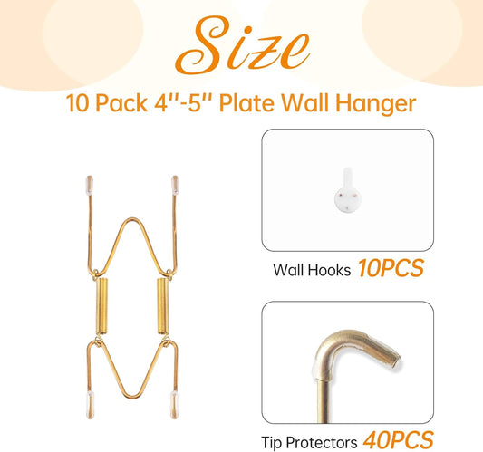 Bilillo 10 Pack Plate Hangers for Wall, Suitable for 4-5 Inch Decorative Plates, Invisible Stainless Steel Heavy Duty Wire Holders with Springs and 10 Pcs Wall Hooks for Displaying Dishes and Platters