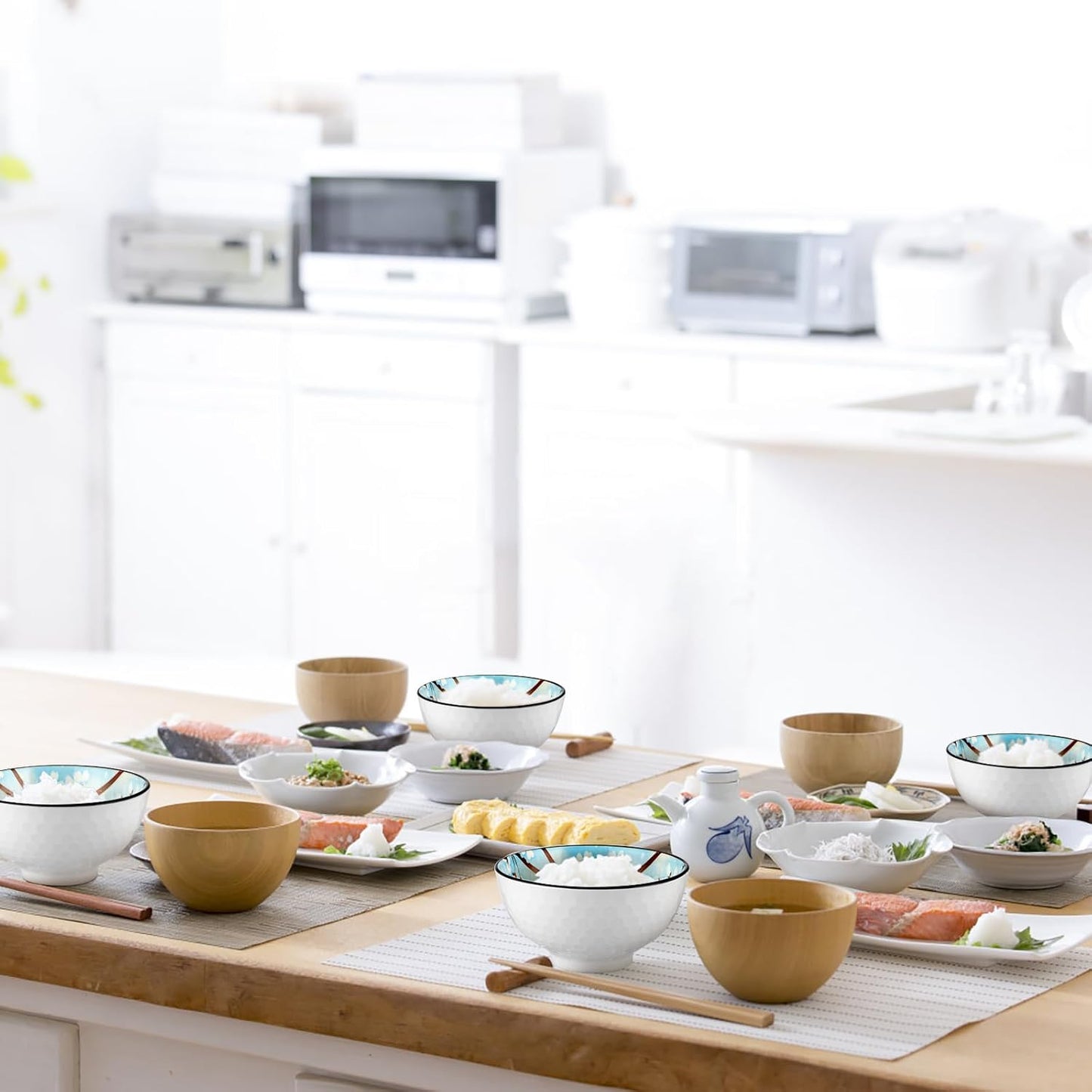 Ceramic Rice Bowls 10 oz, Sakura Bowl Gift Set, Dinnerware Serving Bowls for Rice, Cereal, Noodle, Soup, Desserts, Pack of 6 (Blue)