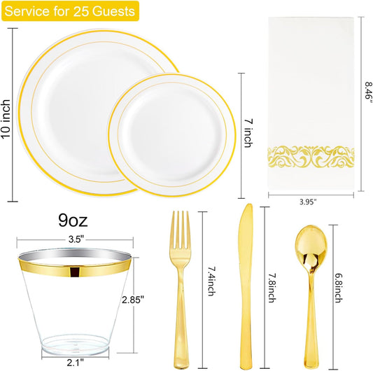 175 Pcs Gold Dinnerware Set, Plastic Plates Disposable for 25 Guests Include:25 Rim Dinner Plate, 25 Dessert Plate, 25 Paper Napkins, 25 Cups, 25 Gold Silverware Set Perfect for Party
