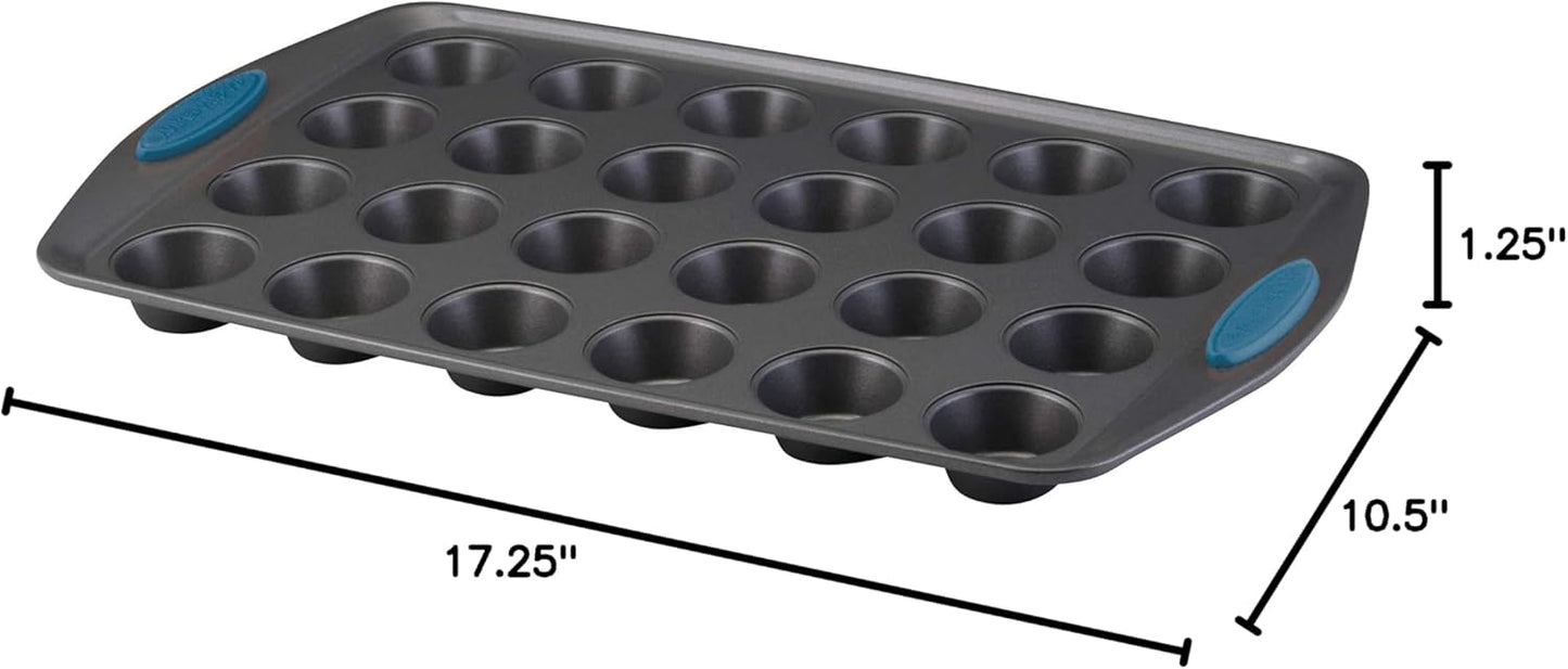 Rachael Ray Yum-o! Nonstick Mini Muffin & Cupcake Tin - 24 Cup, Gray with Marine Blue Grips