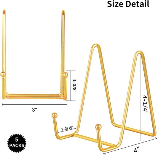 IBosins 5 Pack 4 Inch Plate Holder Display Stands, Metal Gold Frame Stand for Picture, Book, Photo Easel, Creation, Collectibles