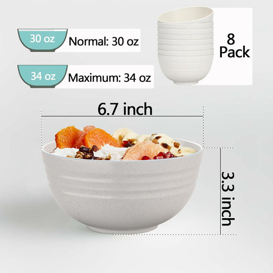 (Non Ceramic) 34 Ounce Cereal Bowls,Unbreakable Wheat Straw Fiber Bowl Set of 8, Microwave & Dishwasher Safe, Lightweight and Eco-Friendly Kitchen Bowls for Cereal, Salad, Soup, Snacks - BPA Free