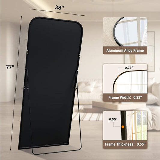 77x38 Inch Floor Length Mirror with Stand, Full Length Standing Mirror for Bedroom, Full Body Tall Mirrors with Modern Aluminum Alloy Frame in Black, Home Decor