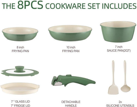 Ceramic Cookware Set Non Stick 8Pcs Pots and Pans Set Removable Handle Induction Kitchen Cookware Set with Frying Pans Oven Safe, Green
