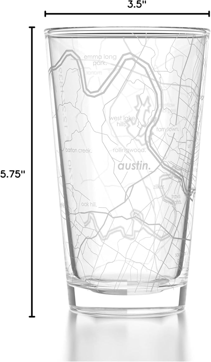 Well Told Engraved Austin Texas Map Pint Glass, Etched Beer Gift (16 oz, Clear) City Map Pint, Custom City Glassware, Gifts For Beer Lovers