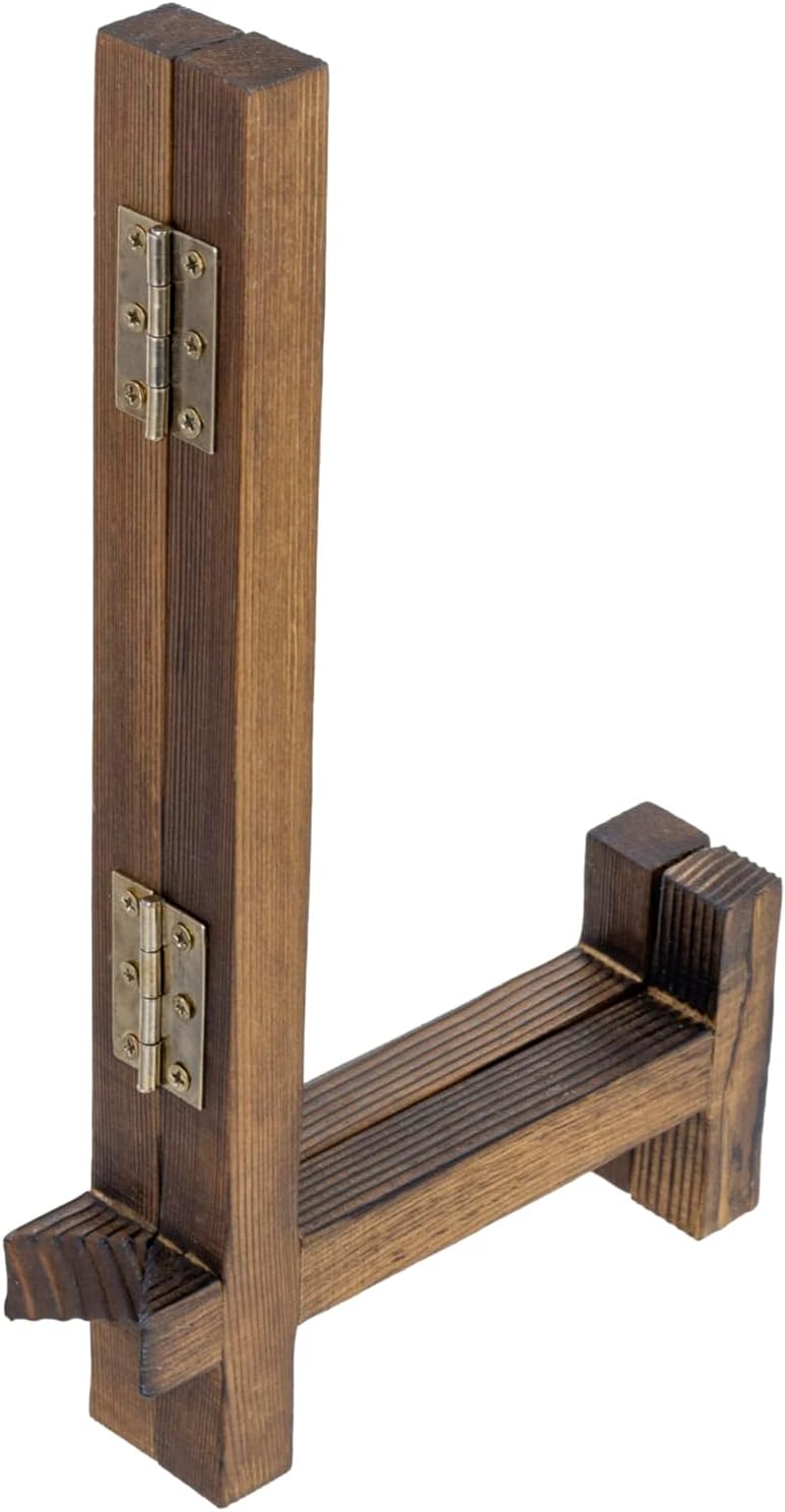 MyGift 11 Inch Plate Display Stands, Rustic Burnt Solid Wood Tabletop Racks for Collectible Plates or Saucers, Folding Picture Frame Holder Easels, Set of 2