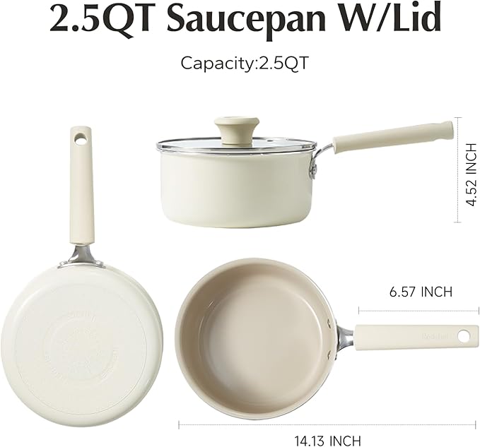 Redchef Ceramic Nonstick Saucepan with Lid, 2.5QT Small Cooking Pot, Non Toxic Sauce Pans for Kitchen, Cool Handle PFAS Free Compatible with All Cooktops, White