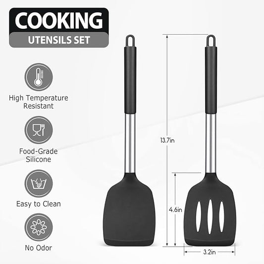 2 Pack Silicone Spatulas Turners, Stainless Steel Cooking Utensils BPA Free,Heat Resistant,Non Stick,Rubber Spatulas for Fish, Eggs, Pancakes, WOK, Black