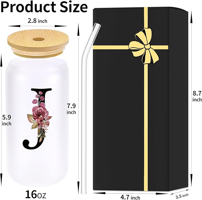 Monogrammed Glass Drinking Cup With Lid Straw Women Her Sister Mom Girlfriend Aunt Best Friend Friendship Grandma Bestie Wife Daughter Law Lady Happy Birthday Gifts Cool Funny Meaningful Unique Cute,J