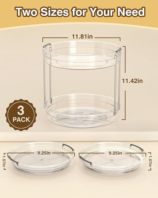 2 Pack Lazy Susan Organizer 9.25''and 11.81'' Two-Tier Lazy Susan Turntable for Cabinet, Spice Rack, and Pantry Storage - Spinning Makeup Organizer for Bathroom, Clear