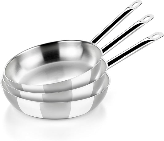 BRA COOKWARE Profesional 3 Frying Pan Set | 8 + 9.5 + 10.2 inches Professional Skillet | Stainless Steel Pan w/o Non-Stick | All Stovetop Compatible Skillet | 100% FOA Free | Brushed Finish