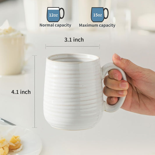 MEKY Ceramic Coffee Cups Set for 4, Coffee Mugs for Hot Tea, Cappuccino, Cocoa, Milk, 15oz Latte Cups for Women and Men as Holiday Gifts, Dishwasher and Microwave Safe, White