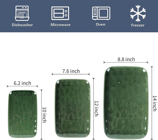 vicrays Ceramic Rectangle Serving Platters - 14" 12" 10" Porcelain Serving Trays Plates for Party BBQ Appetizers Sushi Dessert - Microwave Oven and Dishwasher Safe - Set of 3 Green
