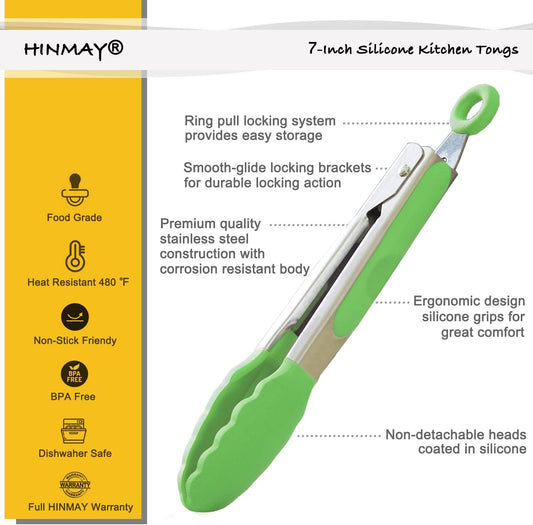 Mini Tongs with Silicone Tips 7 Inches Silicone Cooking Tongs, Set of 3 (Green)