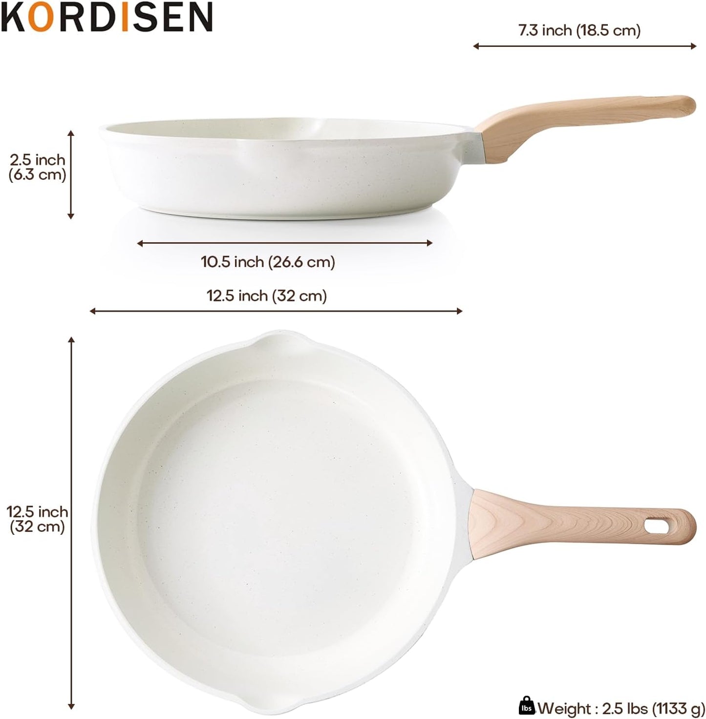 Kordisen Nonstick Ceramic Frying Pan, 12.5 Inch Ceramic Large Skillet, Healthy Non Toxic Cooking Pan, Stay-Cool Handle, Induction Compatible, PFOA & PFAS Free, White