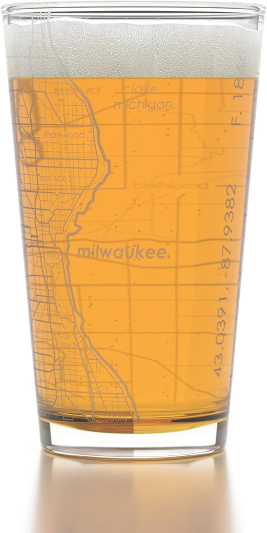 Well Told Engraved Milwaukee Wisconsin Map Pint Glass, Etched Beer Gift (16 oz, Clear) City Map Pint, Custom City Glassware, Gifts For Beer Lovers
