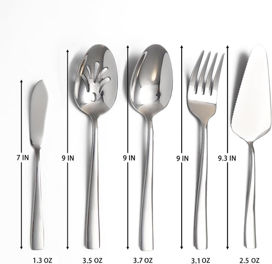Large Hostess Serving Utensils Set, Stainless Steel Heavy Duty Serving spoons, Slotted Spoons, Serving Fork, Cake Server, Butter Knife, Dishwasher Safe (Silver)