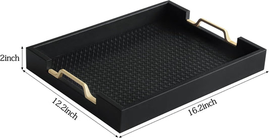HofferRuffer Faux Leather Rectangle Serving Tray Decor Platter with Gold Metal Handles for Coffee Table, Breakfast, Tea, Food, Countertop, Kitchen, Butler Tray, 16.2 x 12.2 x 2 inches (Classic Black)