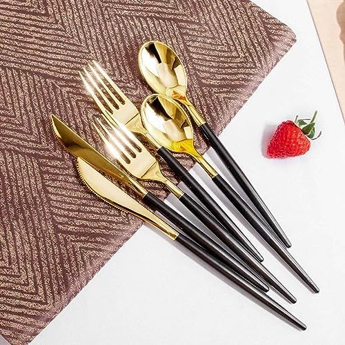 WDF 30Guest Black and Gold Plastic Plates - New Year Plates - Gold Plastic Silverware With Black Handle Baroque Black and Gold Disposable Dinnerware for Halloween & New Year &Parties