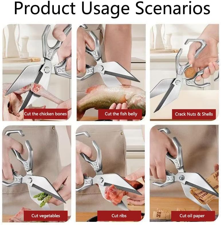 Multifunctional Heavy-Duty Kitchen Shears, Poultry Shears with Ergonomic Handle, High-Carbon Steel Culinary Shears for Chicken, Meat, Seafood, Bone Cutting, Dishwasher Safe (Red)