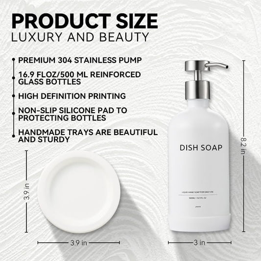 Glass Soap Dispenser Set by Janxin,Bathroom Soap Dispenser Set with Ceramic Tray,Luxury Bathroom Accessories,Modern Kitchen Decor (White+Silver(Dish Soap))