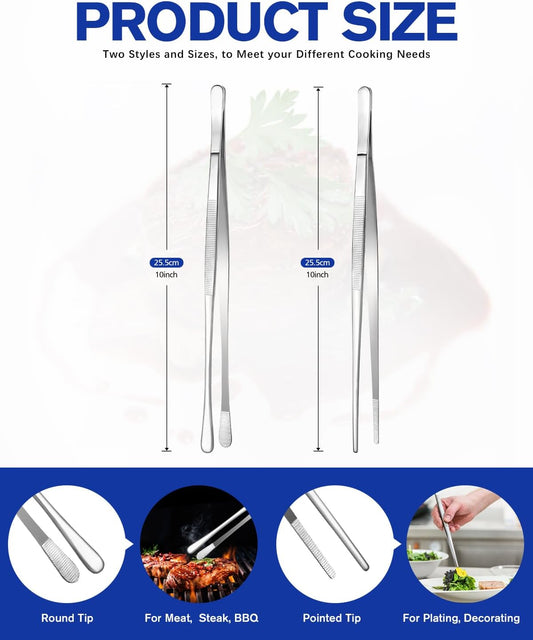 2 Pcs 10-Inch Kitchen Tweezers Fine Tweezer Tongs, Stainless Steel Professional Long Cooking Tweezers for BBQ, Sea Food, Repairing and Serving (SILVER)