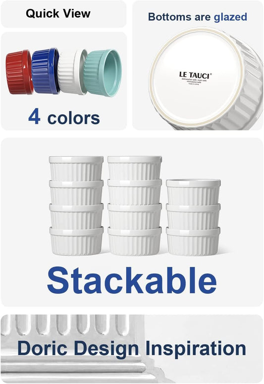 LE TAUCI Ramekins 4 OZ Oven Safe, Creme Brulee Ramekins, Pudding Custard Cups Souffle Ramiken, Dipping Sauce Dishes, Ceramic Ramekin Bowls Set of 6, White