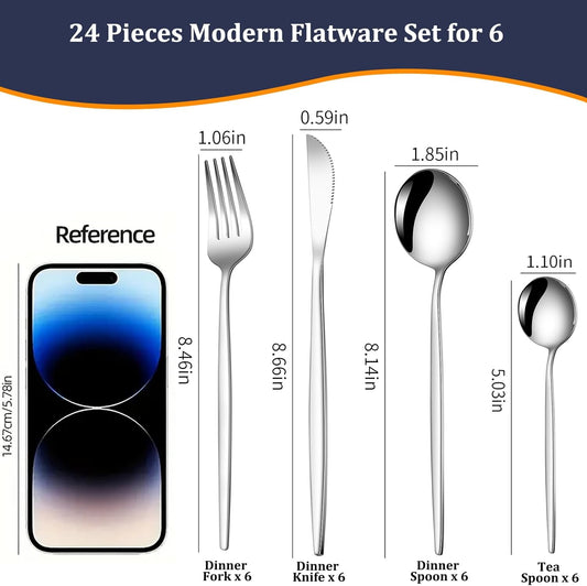 24 Pcs Silverware Set for 6,Stainless Steel Cutlery Flatware Set, Durable Eating Utensils Set Included Knives Spoons and Forks Set,Mirror Polished Tableware For Home,Restaurant,Dishwasher Safe