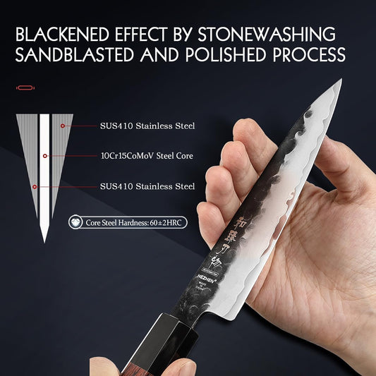 HEZHEN 5.3" Utility Knife, Clad Steel Composite Forging Steel Universal Knife, Petty Knife Paring Fruit Peeling,Japanese Style Kitchen Knife,Natural Wood Octagonal Handle