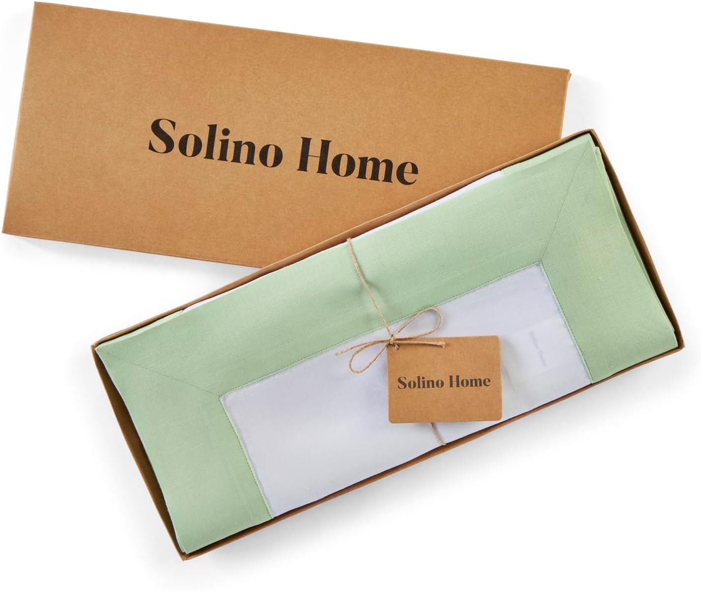 Solino Home Linen Table Runner 48 Inches - 100% Pure Linen Light Green and White Table Runner 14 x 48 Inch Ideal for Dresser and Coffee Tables - Contempo