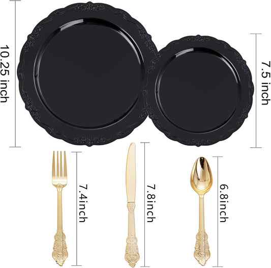 DaYammi 150Pcs Black Plastic Plates & Gold Plastic Silverware,Black Disposable Plates Set Include 30 Dinner Plate, 30 Dessert Plate,30 Golden Knives,30 Gold Forks,30 Golden Spoons for Halloween Party