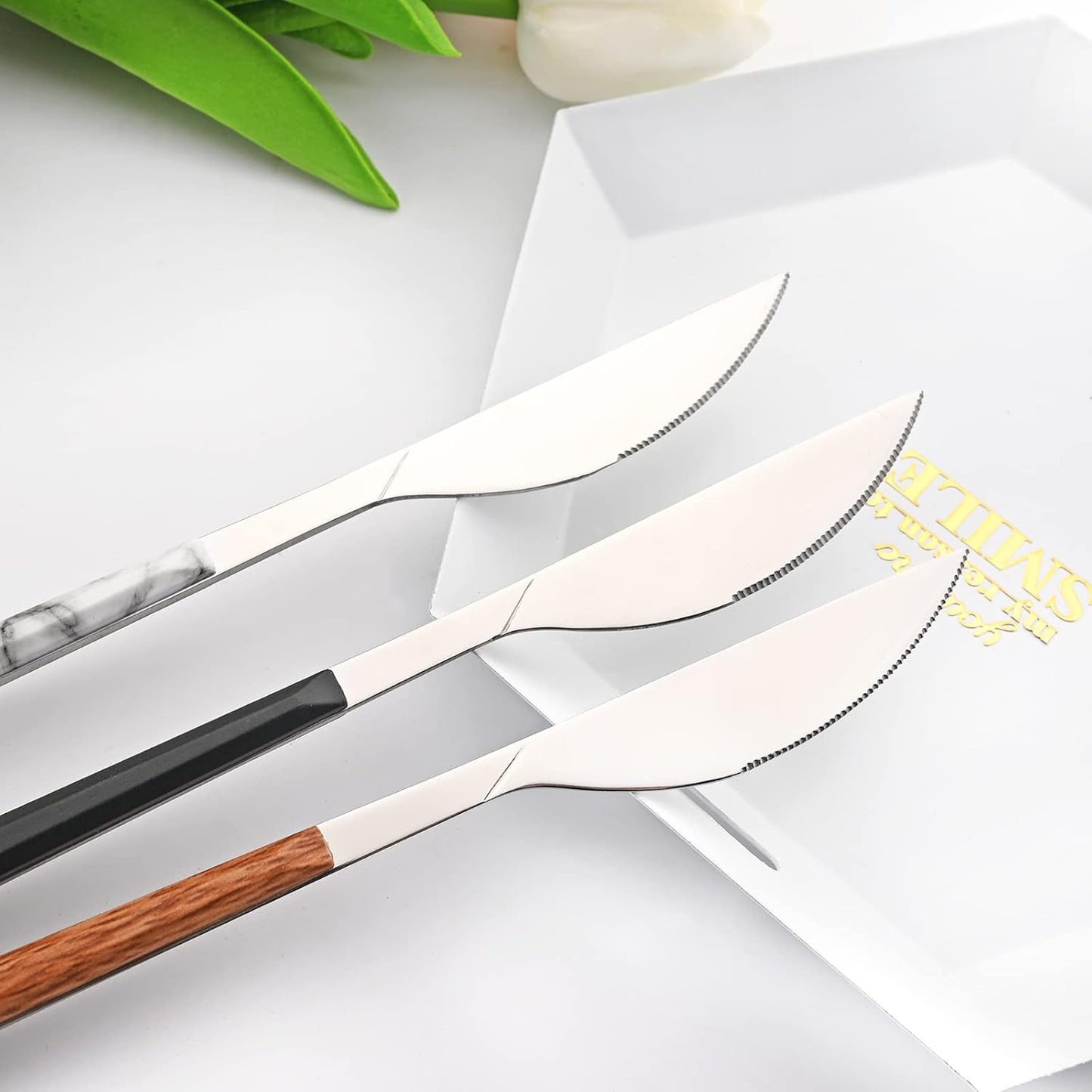 20 Piece (4 Set) Silver Stainless Steel Tableware With White Marble Handle, Wedding Cutlery And Daily Use, Silverware For Home Restaurant Party, Mirror Finished