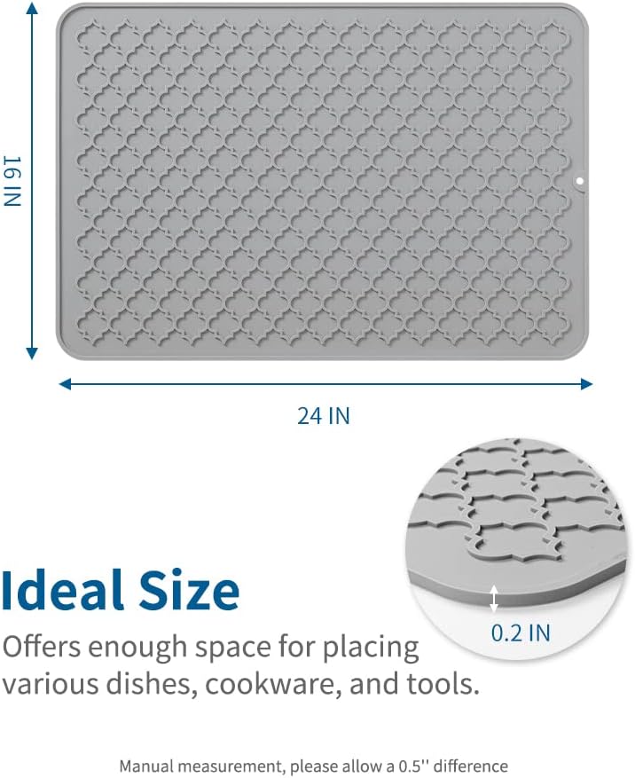 AMOAMI Dish Drying Mat,Heat-resistant,Easy Clean,Silicone Dish Drying Mats for kitchen Counter,Kitchen Gadgets Kitchen Accessories Kitchen Appliances (16" x 24", GREY)