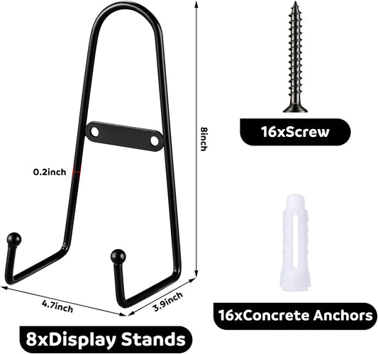 Kathfly 8 Pcs 8 Inch Metal Wall Mount Plate Display Stands Medium Black Easel Plate Hangers Vertical Stand Holders Picture Frame Stand Rack for Decorative Book Platter Arts