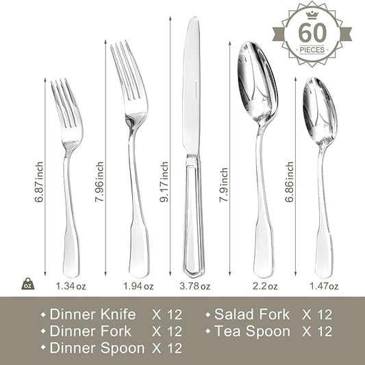 HIKAA Premium Silverware Set, Stainless Steel Flatware Set with Wide-Based Handles for Comfort & Durability, Forks & Spoons Cutlery Silverware Set (60PCS)