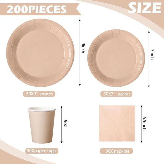 Tioncy 200 Pcs Disposable Paper Plates Cups and Napkins Party Supplies Serve 50 Guests Disposable Paper Dinnerware Set for Halloween Birthday Wedding Baby Shower Family Picnic(Deep Nude)