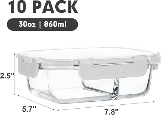 M MCIRCO [10-Pack,30 Oz Glass Meal Prep Containers 2 Compartments Airtight Lunch Bento Boxes with Lids, Glass Food Storage Containers, Microwave, Oven, Freezer and Dishwasher, White