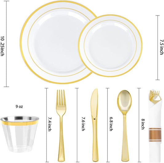 BESTVIP 700PCS Gold Plastic Dinnerware Set for 100 Guests, Disposable Plates for Party, Include: 200 Plastic Plates, 100 Pre Rolled Napkins with Gold Silverware, 100 Cups for Christmas, Halloween