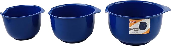 GLAD Mixing Bowls with Pour Spout, Set of 3 Nesting Design Saves Space Non-Slip, BPA Free, Dishwasher Safe Plastic Kitchen Cooking and Baking Supplies, Blue
