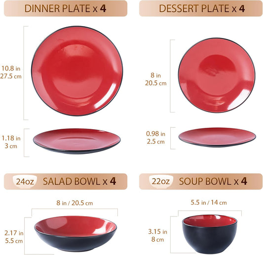 Plates and Bowls Sets for 4 - CJDC-QUELO 16-Piece Stoneware Dinnerware Sets, Ceramic Dishware Set for Indoor Kitchen Use and Formal Dining, Chip and Scratch Resistant Microwave Dishwasher Safe, Red
