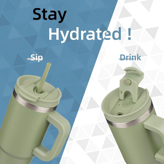 30 oz Tumbler with Handle and 2 Straws,2 in 1 Lid Insulated Water Bottle Stainless Steel Travel Coffee Mug,Army Green